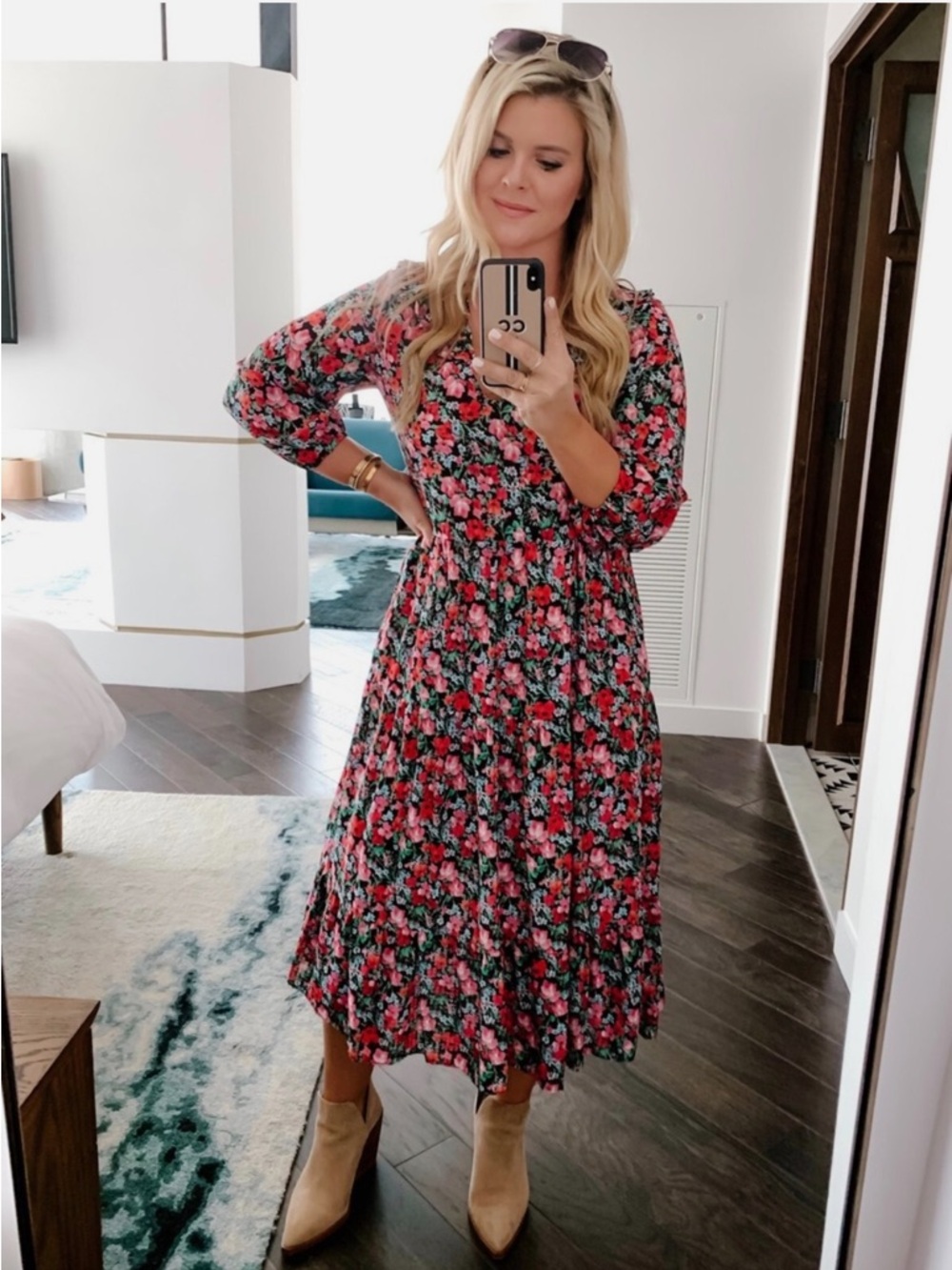 Zara Black Red Floral Rosie Midi Smock Dress XL